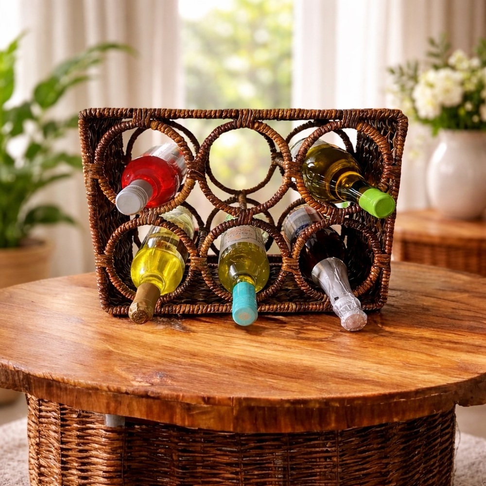 Wicker Wine Rack 6 Bottle Holder Rattan Woven Boho Rustic Coastalcore Countertop